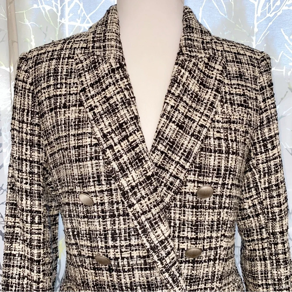 L’AGENCE KENZIE BLACK WHITE TWEED DOUBLE BREASTED BUTTON UP BLAZER JACKET - Picture 3 of 16